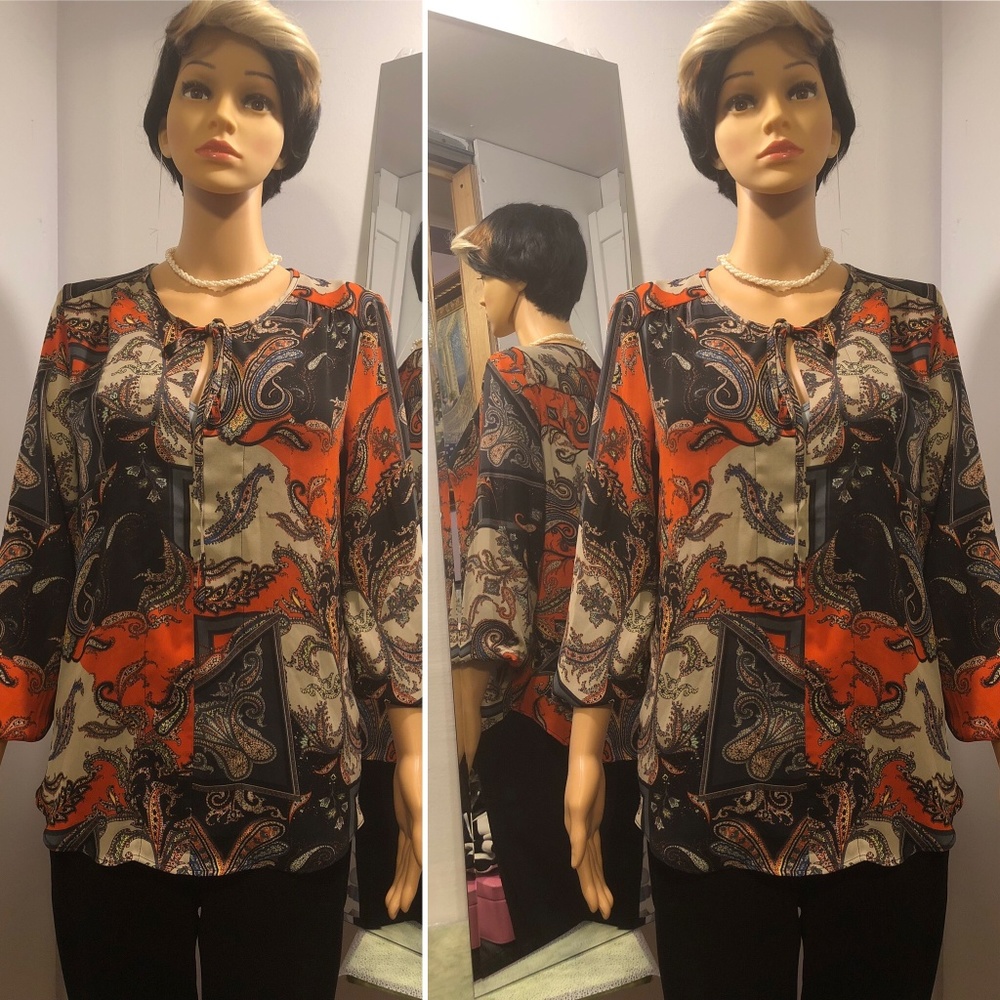 Joan Vass- Mixed Colored- Blouse Top Tie Neck